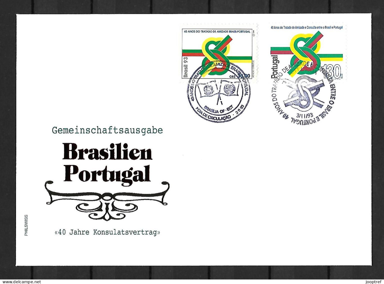 1993 Joint Brazil And Portugal, MIXED FDC WITH BOTH STAMPS: 40 Years Consulate Treatment - Emissions Communes