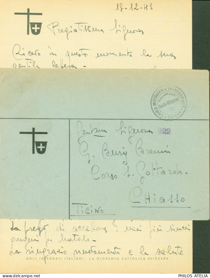 Guerre 40 Cachet Camp Militaire D'internement Suisse Franc De Port Hasle Rüegsau Prisonnier Italien En Suisse Catholique - Postmarks