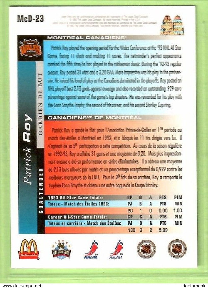 PATRICK ROY---UPPER DECK---McDONALD'S "NHL ALL STAR" 1993-4 (NHL--4-6) - 1990-1999