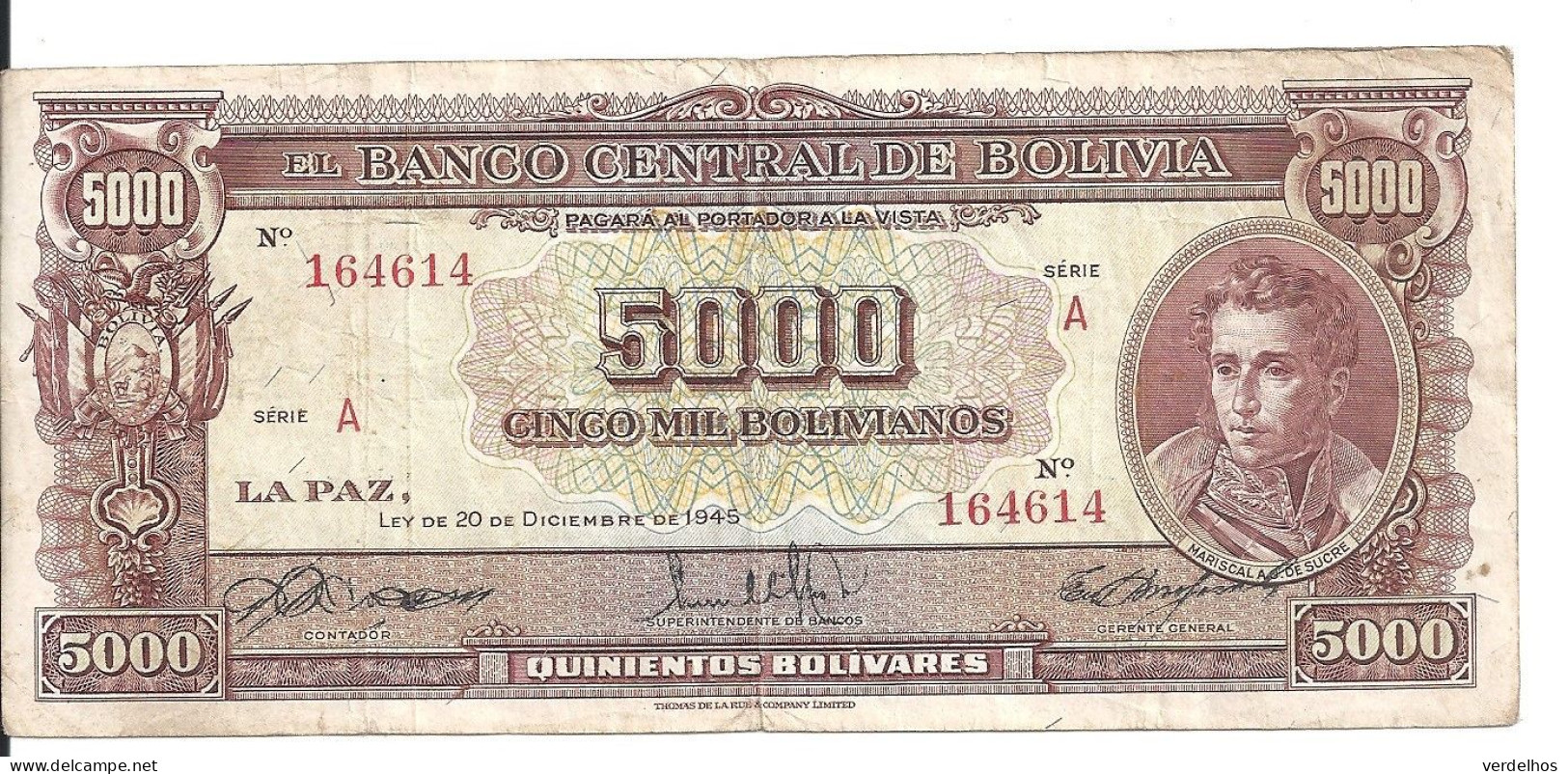 BOLIVIE 5000 BOLIVIANOS L.1945 VF+ P 145 - Bolivia