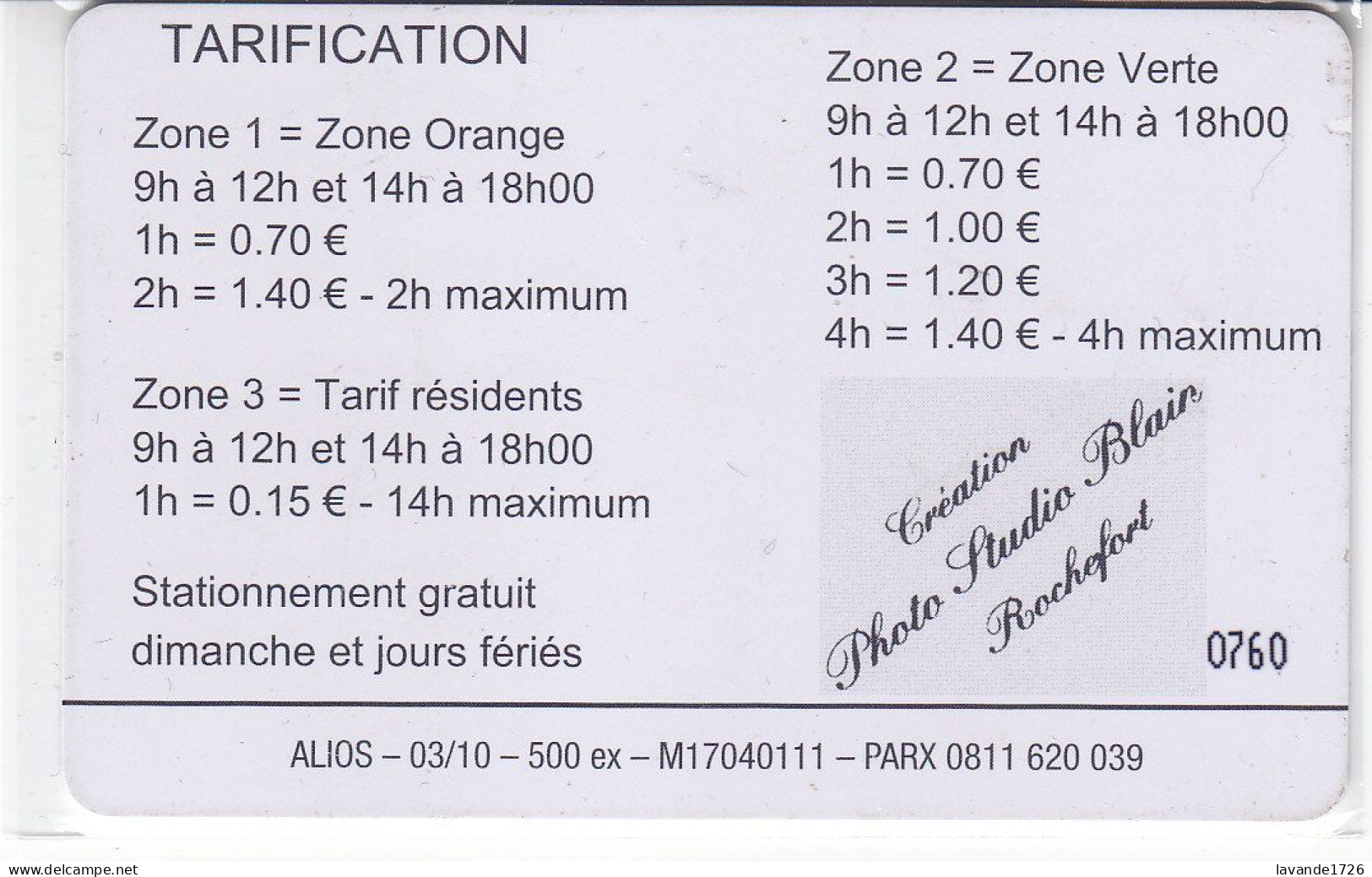 PIAF De ROCHEFORT  100 Unités Date 03.2010     500 Ex - PIAF Parking Cards