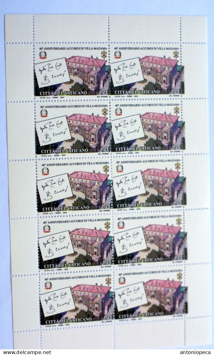 VATICAN  2024, 40° ANNIVERSARIO ACCORDI VILLA MADAMA, JOINT EMISSION , MINISHEET OF 10 MNH** - Unused Stamps