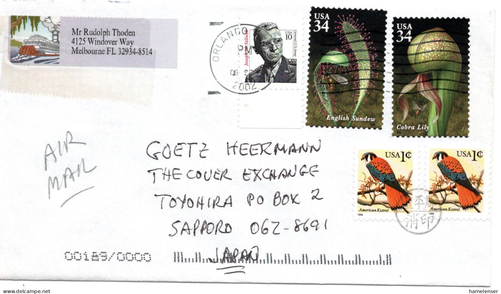 74968 - USA - 2002 - 34¢ Sonnentau MiF A LpBf ORLANDO -> TOYOHIRA (Japan), M "Nachtraeglich Entwertet"-Stpl - Brieven En Documenten