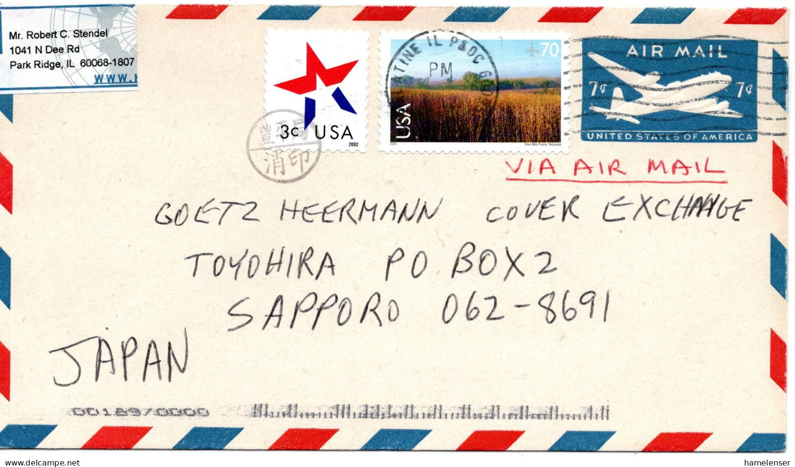 74969 - USA - 2002 - 7¢ GALpUmschl M ZusFrankatur PALATINE -> TOYOHIRA (Japan), M "Nachtraeglich Entwertet"-Stpl - Lettres & Documents