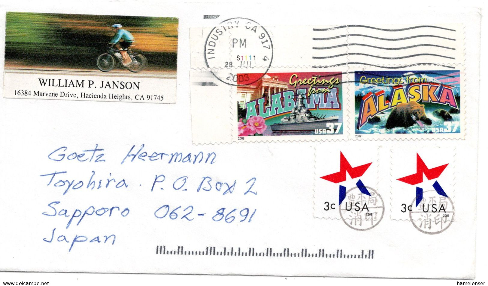 74972 - USA - 2003 - 37¢ Gruss Aus Alaska MiF A Bf INDUSTRY -> TOYOHIRA (Japan), M "Nachtraeglich Entwertet"-Stpl - Storia Postale