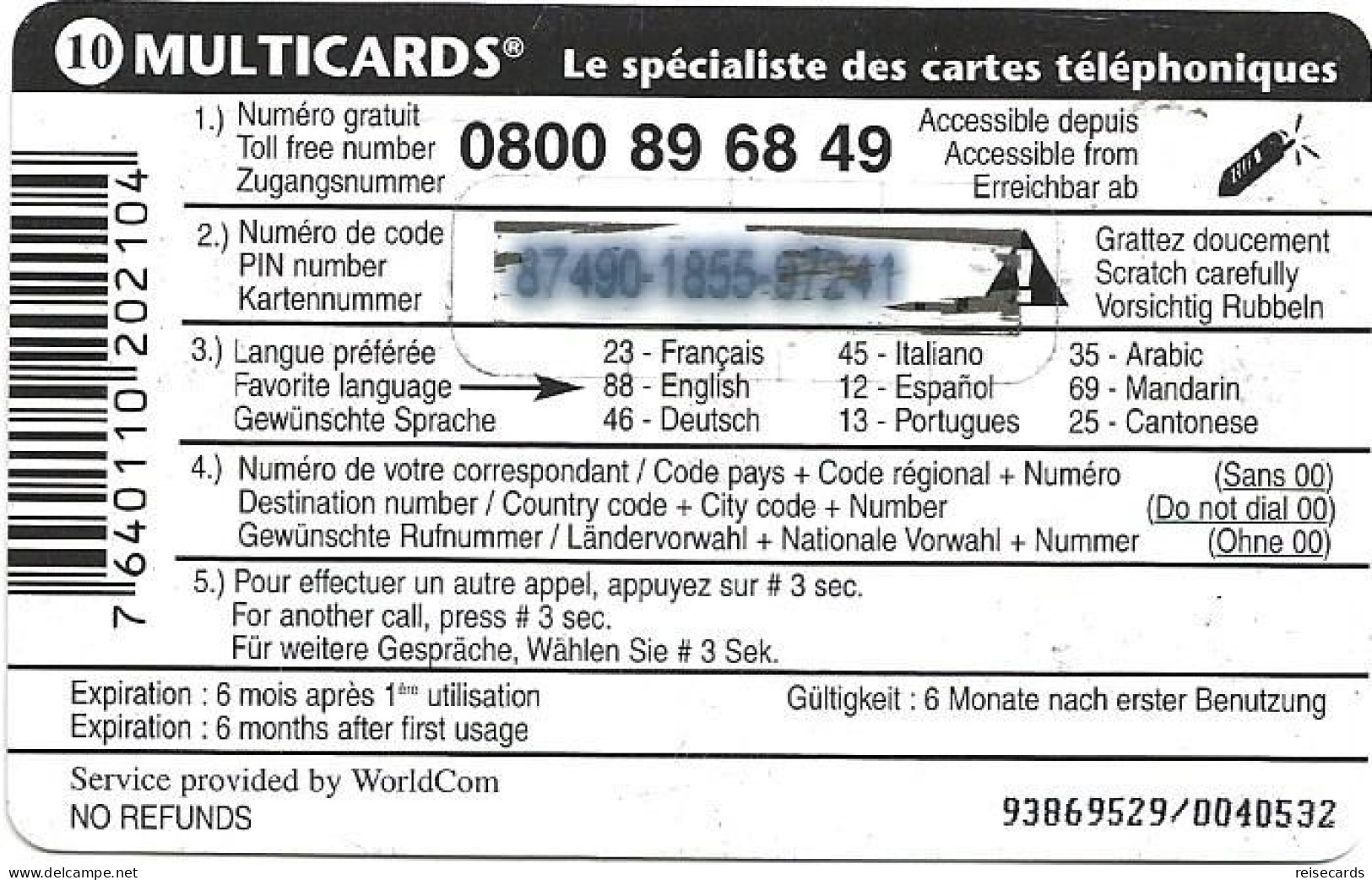 Switzerland: Prepaid Multicards - WorldCom - Svizzera