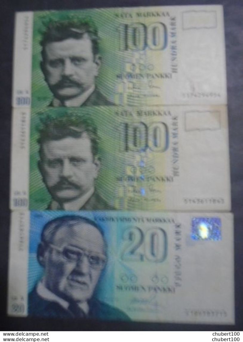 FINLAND ,  P 119 + 123 , 100 + 20 Mark , 1986 + 1993, 3 Notes At Face Value - Finland