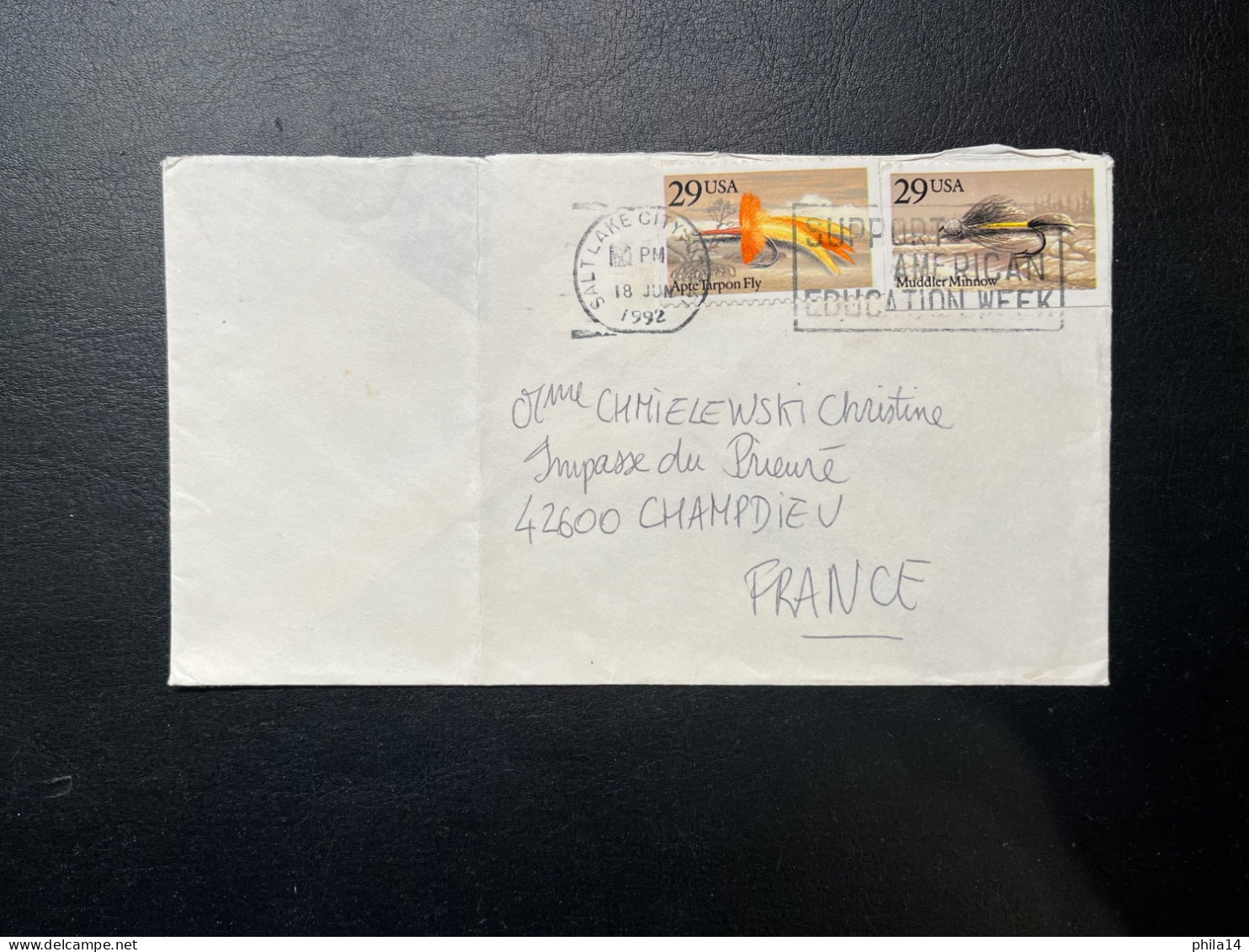 ENVELOPPE USA SALTLAKE CITY POUR CHAMPDIEU 1992 / APTE TARPON FLY & MUDDLER MIHNOW - Cartas & Documentos