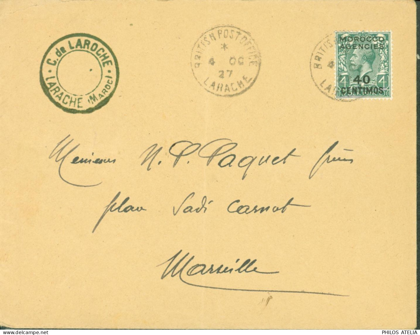 Bureau Anglais Au Maroc YT N°48 Ou 54 ? Surchargé Morocco Agencies 40ct CAD British Post Office Larache 4 OCT 1927 - Oficinas En  Marruecos / Tanger : (...-1958