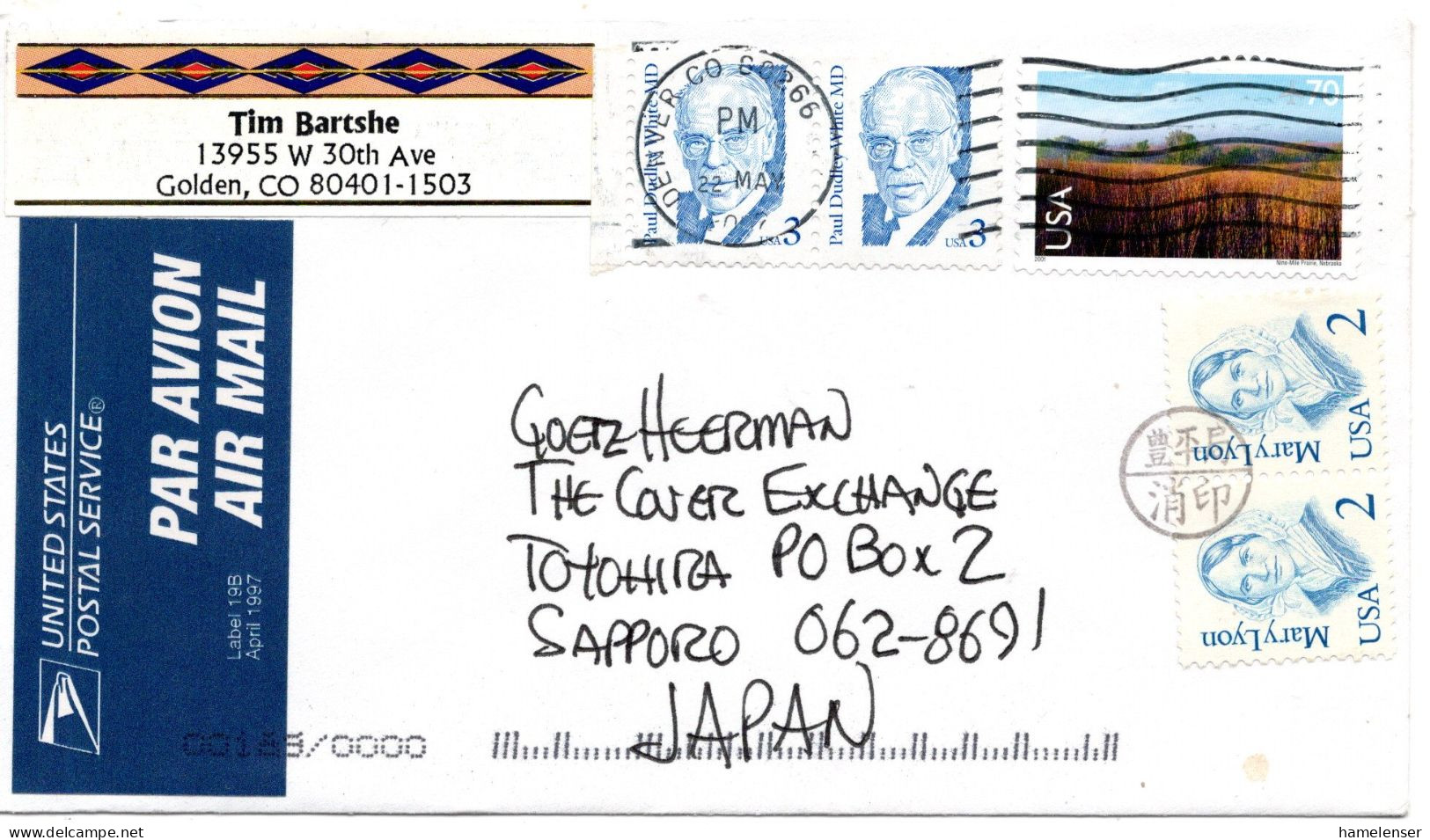 74979 - USA - 2002 - 70¢ Prairie MiF A LpBf DENVER -> TOYOHIRA (Japan), M "Nachtraeglich Entwertet"-Stpl - Lettres & Documents