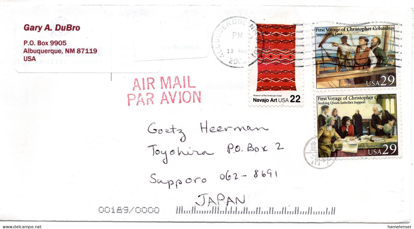 74980 - USA - 2002 - 2@29¢ Columbus MiF A LpBf ALBUQUERQUE -> TOYOHIRA (Japan), M "Nachtraeglich Entwertet"-Stpl - Lettres & Documents