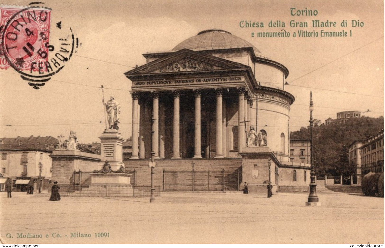 TORINO - CHIESA DELLA GRAN MADRE DI DIO E MONUMENTO A VITTORIO EMANUELE I° - ANIMATA - CARTOLINA FP SPEDITA NEL 1907 - Churches