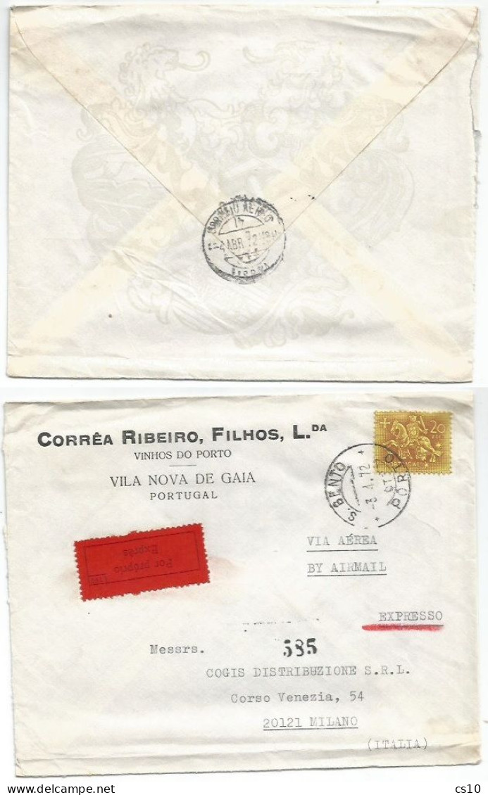 Express Airmail Commerce CV Portugal S.Bento 3apr1972 X Italy Via Lisboa AEREO 4apr With Esc.20 SOLO Franking Porto Wine - Marcophilie