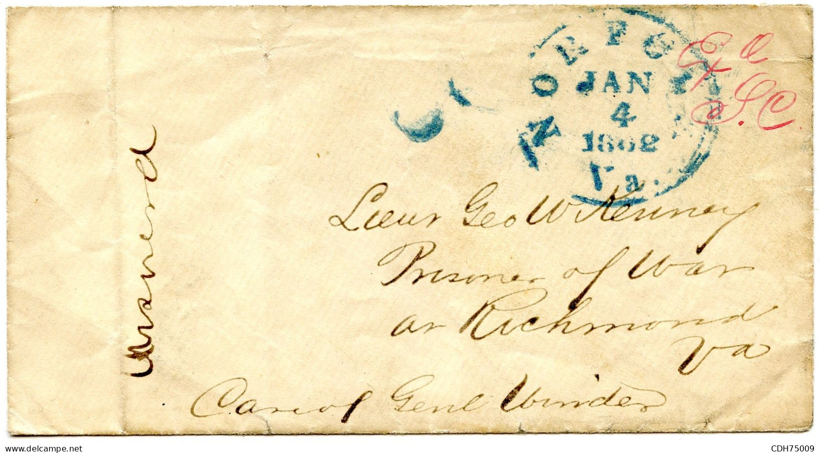 ETATS UNIS - CIVIL WAR ENVELOPPE CENSUREE DE NORFOLK POUR UN PRISONNIER DE A RICHMOND - CERTIFICAT J. ROBINEAU - Storia Postale