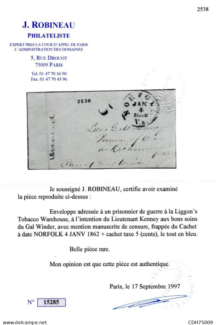 ETATS UNIS - CIVIL WAR ENVELOPPE CENSUREE DE NORFOLK POUR UN PRISONNIER DE A RICHMOND - CERTIFICAT J. ROBINEAU - Cartas & Documentos