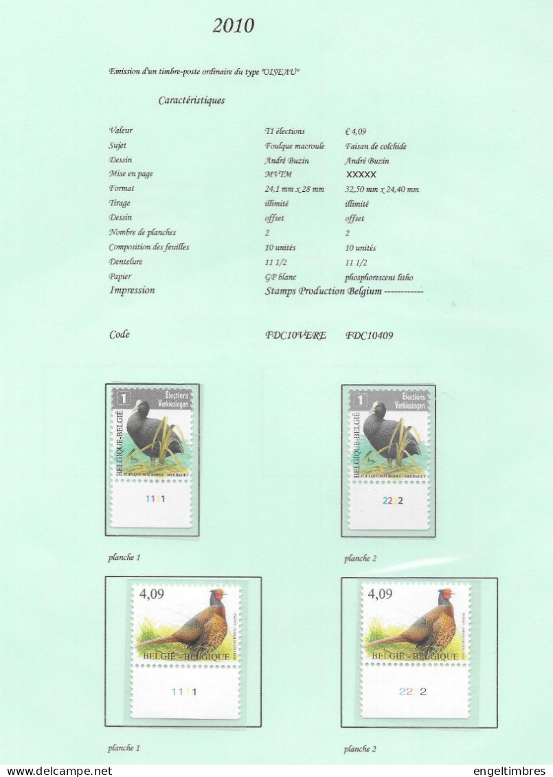 Belgium -  2010 BUZIN Birds - "Meerkoet"  +  "Fazant"  Plaatnummers 1 & 2  Elks -   Postfris - Zie Scan - 2011-..