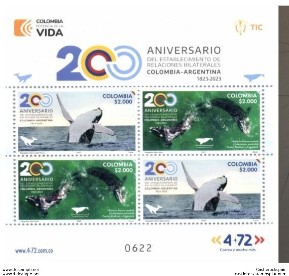 O) 2023 COLOMBIA, DIPLOMATIC RELATIONS WITH ARGENTINA, HUMPBACK WHALE - MEGAPTERA, GORGONA NATIONAL NATURAL PARK, MINI S - Colombia