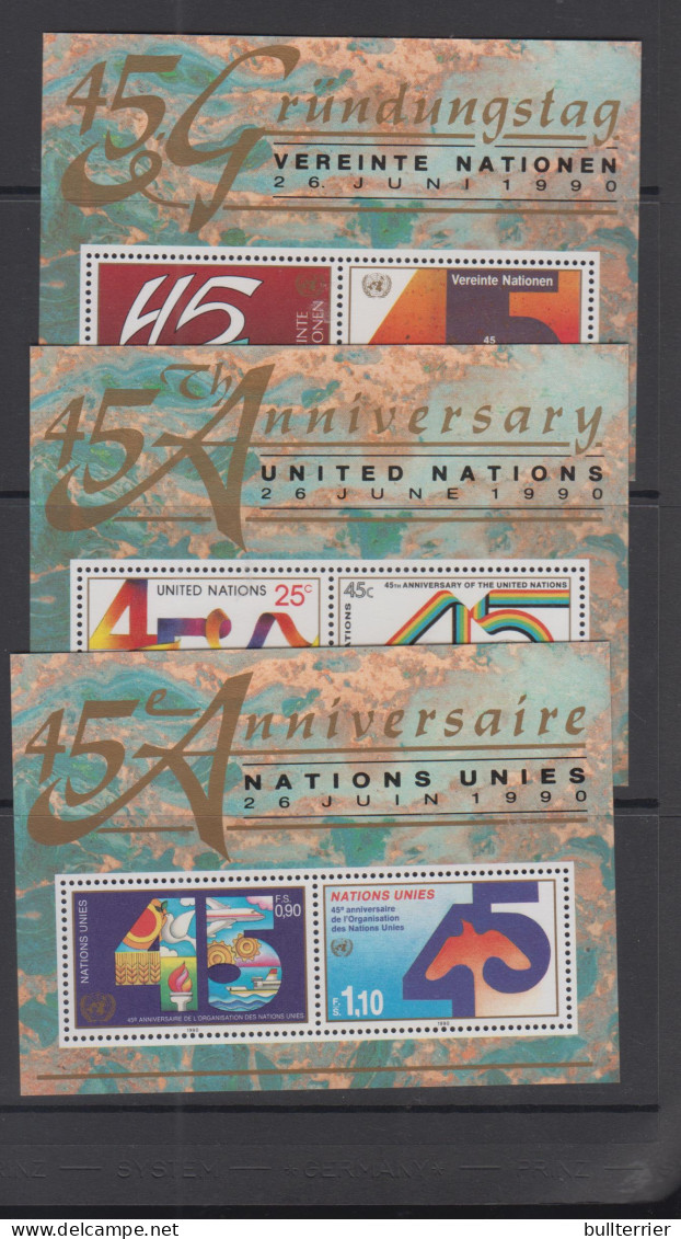 UNITED NATIONS -1990 -45TH ANNIVERSARY S/SHEETS X 3 FOR THE 3 ISSIUING AUTHORITIES T MINT NEVER HINGED - Nuovi