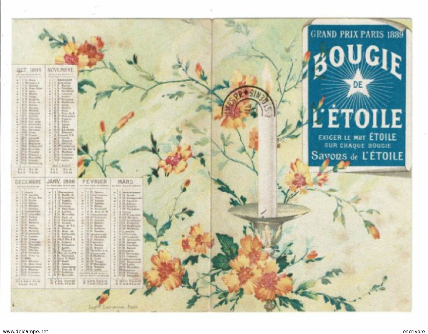 Calendrier Publicitaire 1895 BOUGIE DE L ETOILE Manufacture Savons Et Bougies A DE MILLY - Petit Format : ...-1900