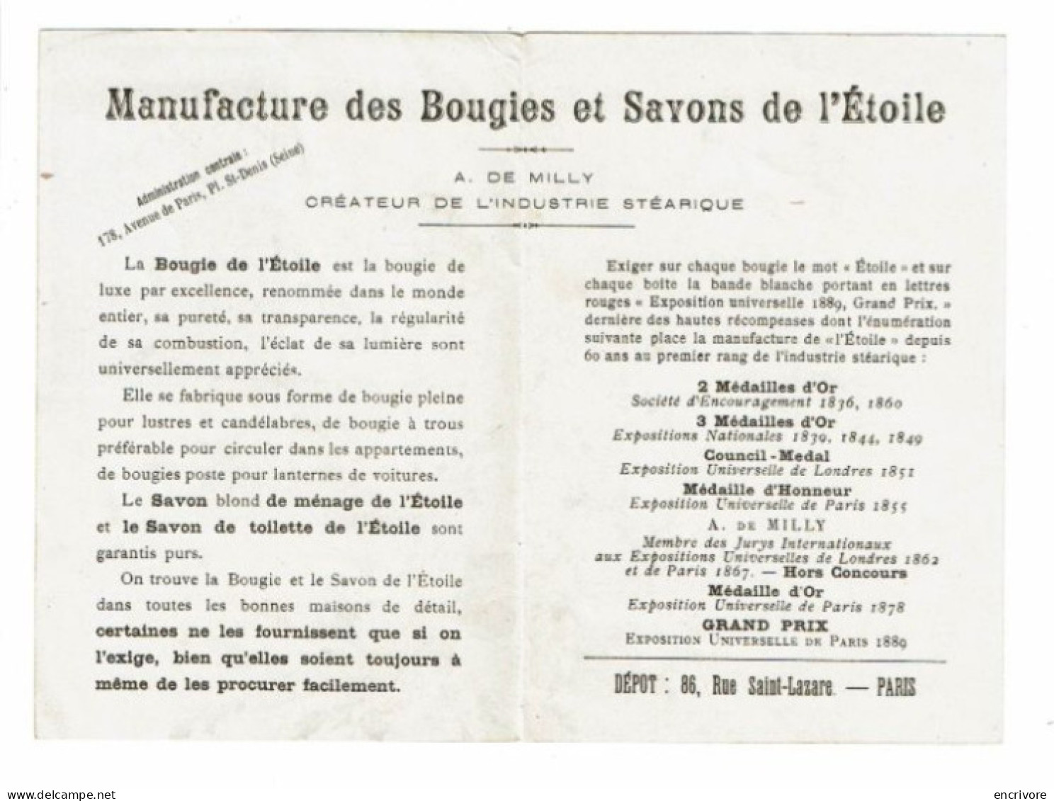 Calendrier Publicitaire 1895 BOUGIE DE L ETOILE Manufacture Savons Et Bougies A DE MILLY - Petit Format : ...-1900