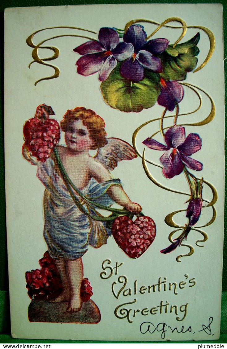 Cpa Gaufrée SAINT VALENTIN ADORABLE ANGELOT , PETIT ANGE , COEURS , VIOLETTES, CUPID & FLOWERS Embossed ST VALENTINE'S - Saint-Valentin