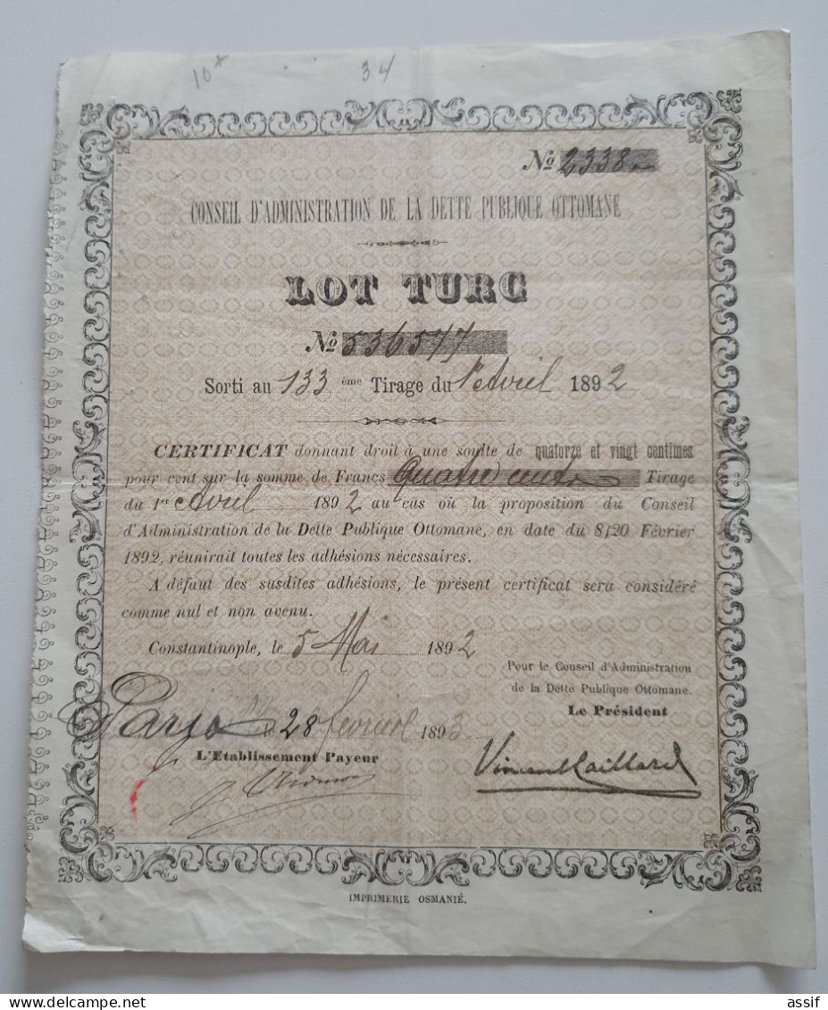 1892 Action Turquie Lot Turc Certificat Dette Ottomane - Bank & Insurance