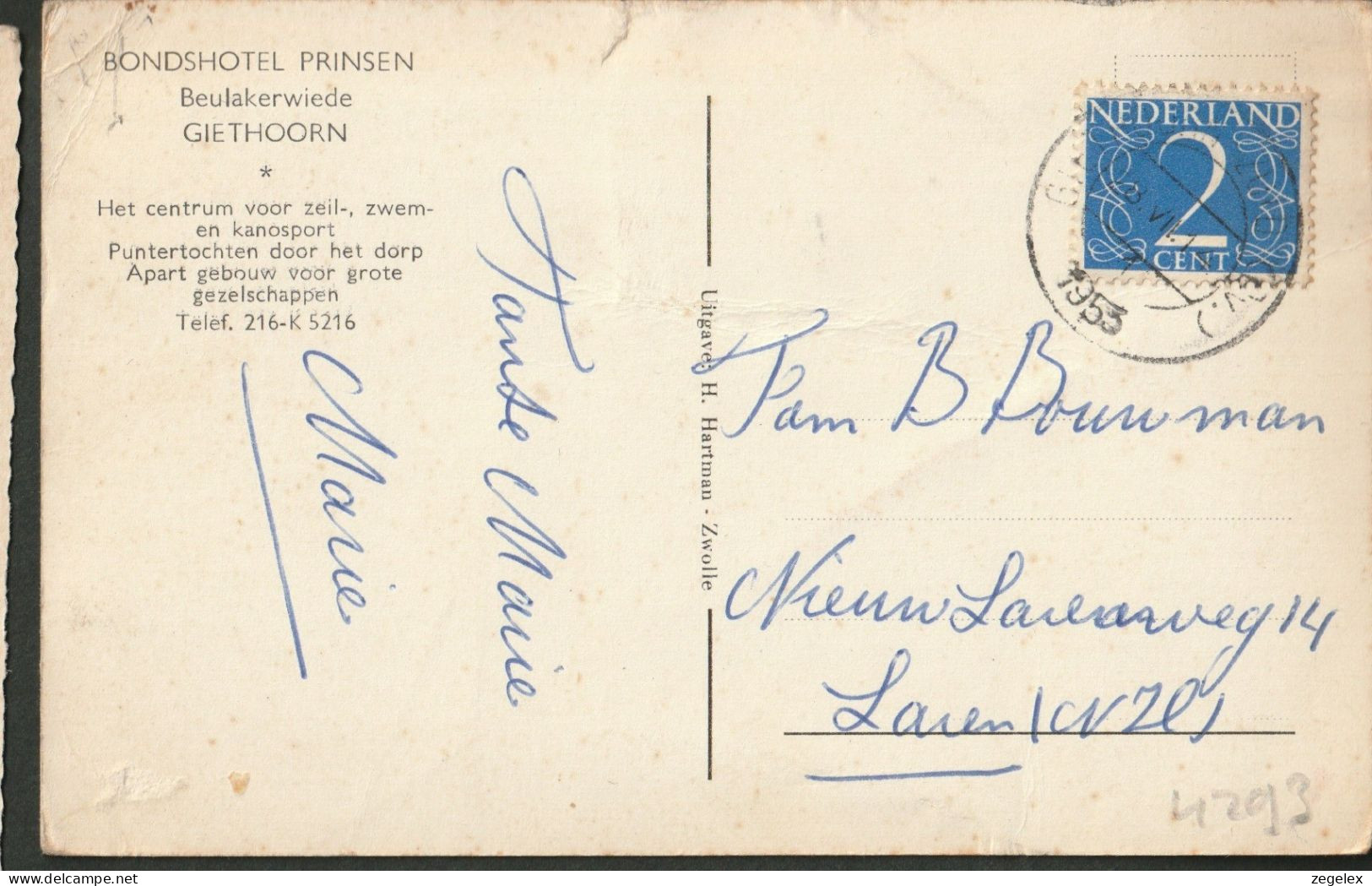 Giethoorn 1953 Bondshotel Prinsen - Beulakerwiede. Punterrocht Met Bezoekers - Giethoorn