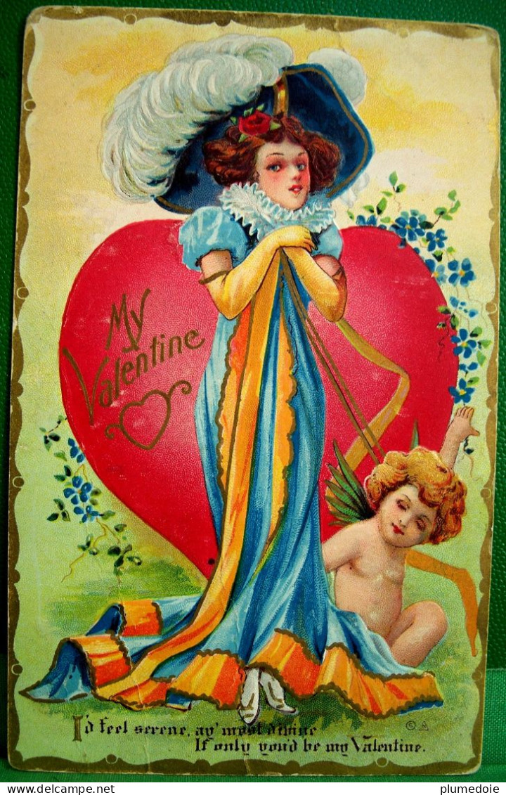 Cpa  Gaufrée AMOUR SAINT VALENTIN . CUPIDON BELLE DAME AU CHAPEAU COEUR . 1911 . MY VALENTINE . CUPID OLD PC Embossed - Valentine's Day