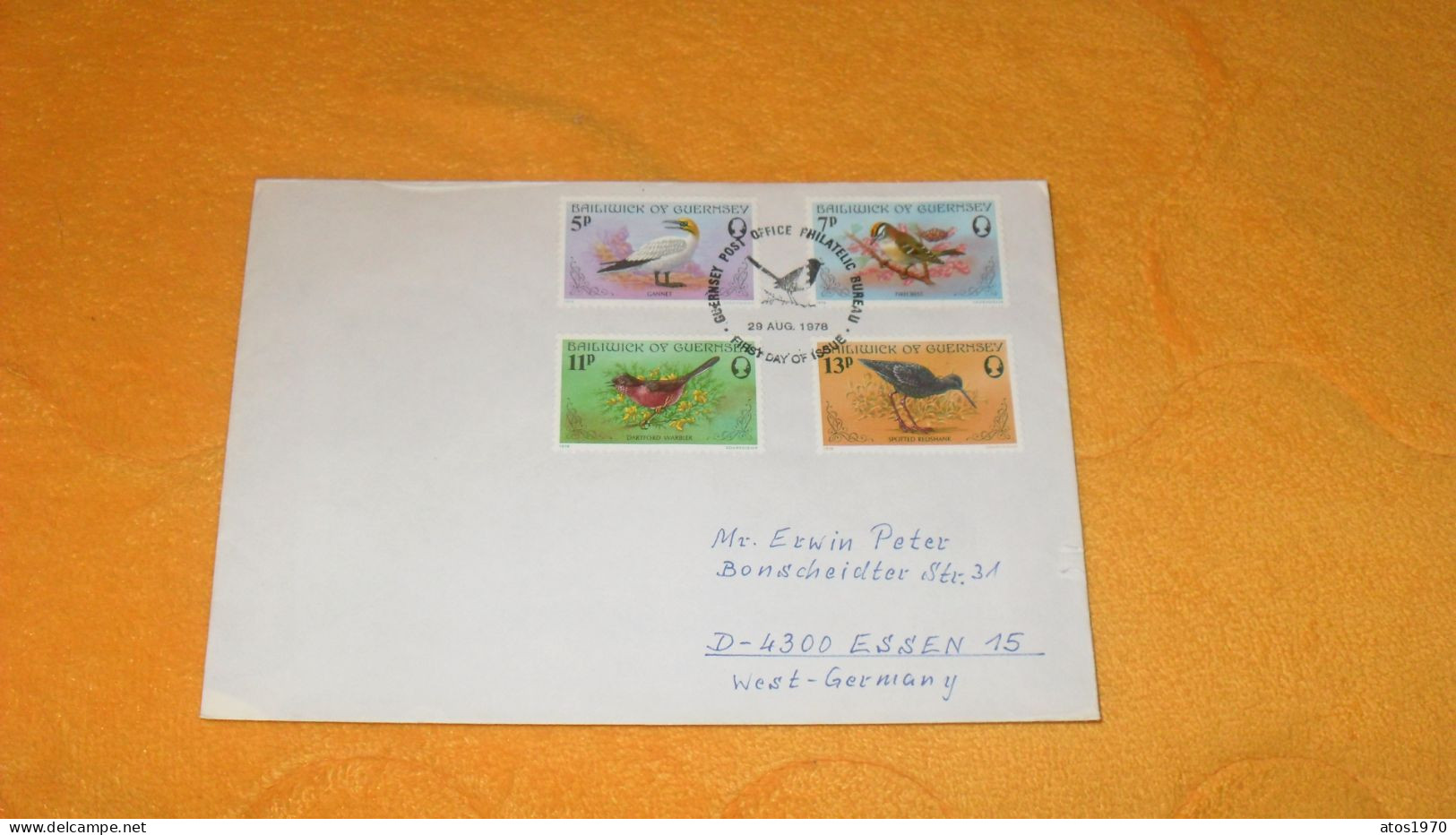 ENVELOPPE FDC DE 1978../ CACHET GUERNSEY POST OFFICE PHILATELIC BUREAU FDC POUR ESSEN + TIMBRES X4 OISEAUX - 1971-1980 Dezimalausgaben