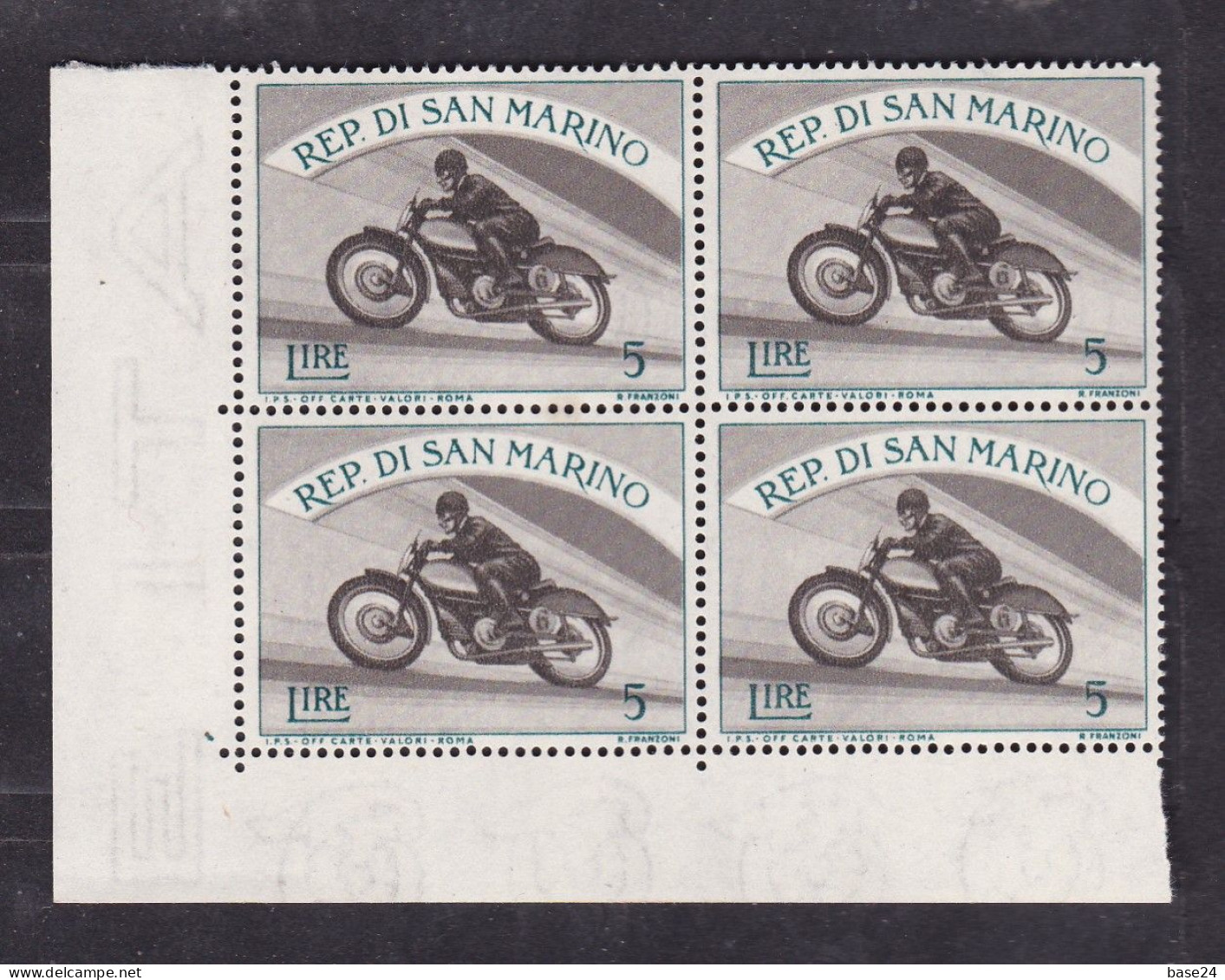 1953 San Marino Saint Marin SPORT I°, 5 Lire In Quartina MNH**, Gomma Bicolore, Two-tone Gum Block 4 - Neufs