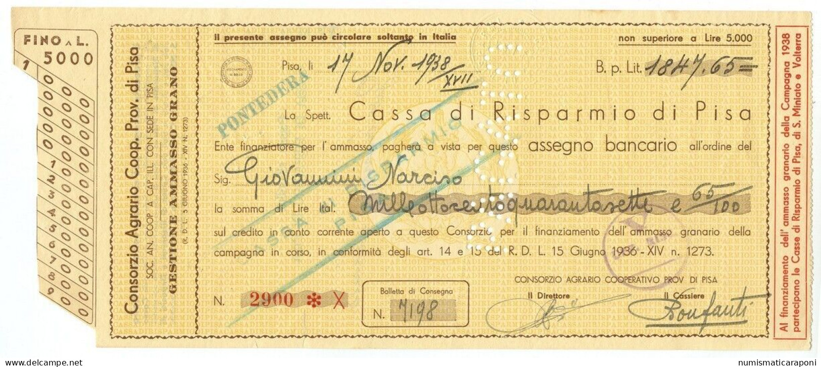 CASSA DI RISPARMIO DI PISA 17/11/1938 1847,65 LIRE ASSEGNO BANCARIO Non Superiore A 5000 Lire  Lotto 484 - Altri & Non Classificati