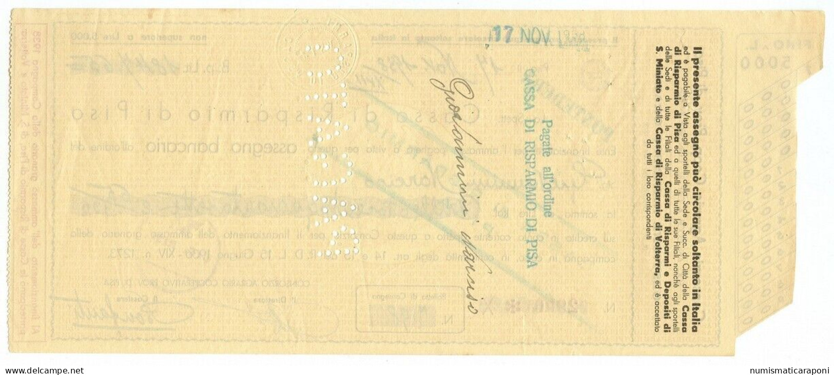 CASSA DI RISPARMIO DI PISA 17/11/1938 1847,65 LIRE ASSEGNO BANCARIO Non Superiore A 5000 Lire  Lotto 484 - Autres & Non Classés