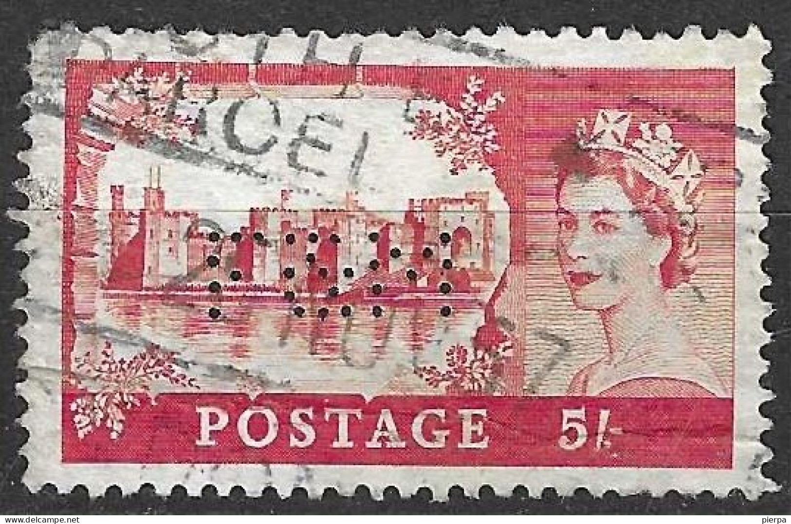 GREAT BRITAIN - 1955 -  PERFIN "F.& M." SU CARNARVON CASTLE 5 SH. (YVERT 284 - MICHEL 279) - Usados