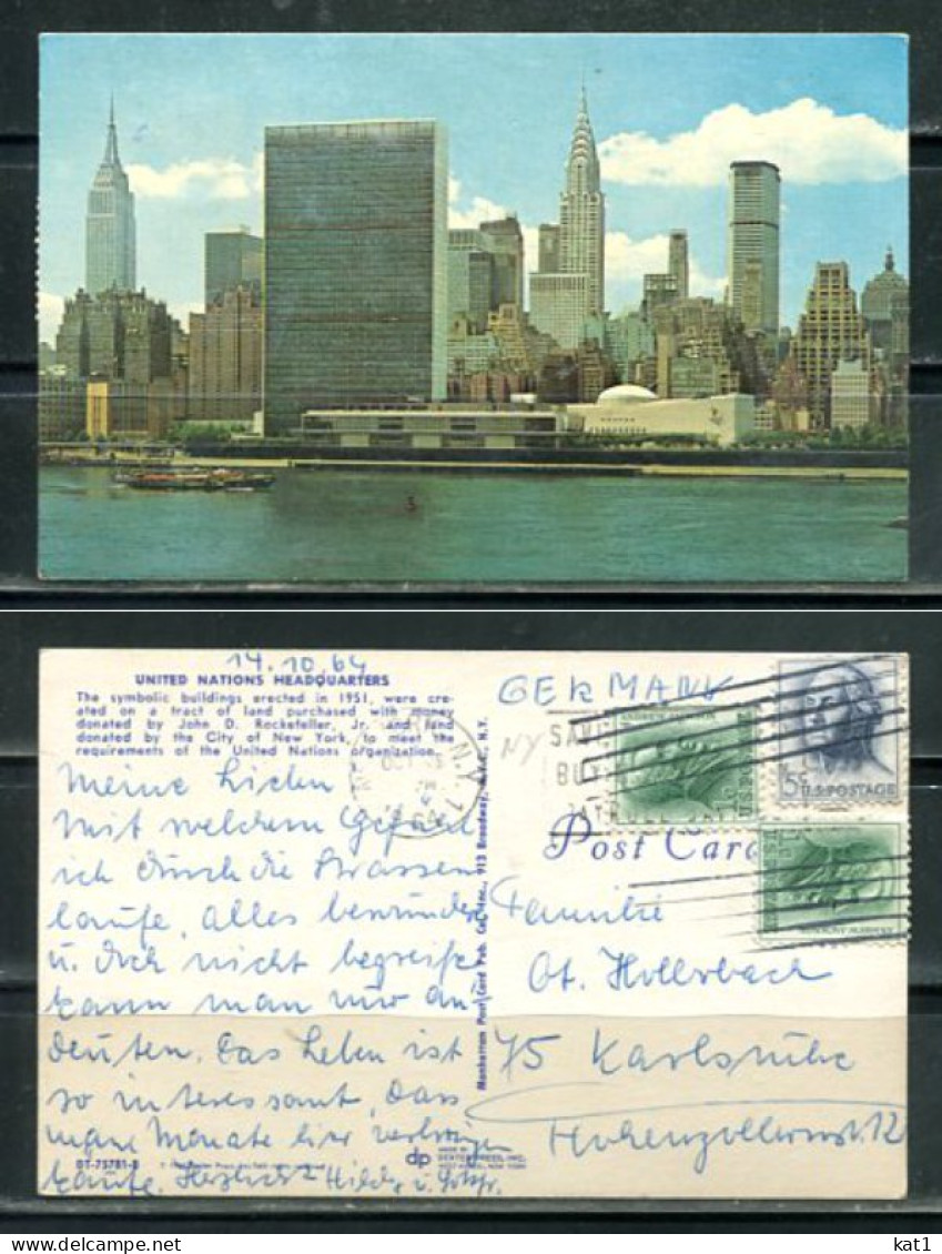 K20701)Ansichtskarte: New York, UN Headquarters, Gelaufen 1964 - Altri Monumenti, Edifici