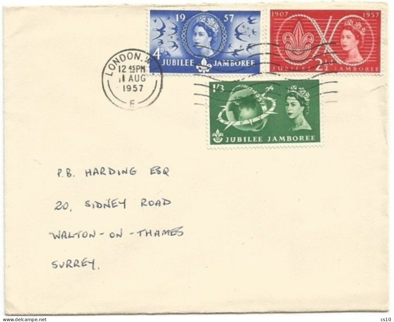 Scout Jubilee Jamboree UK Issue 1957 Cpl 3v Set On CV Traveled London 11aug57 X Surrey - 1952-1971 Em. Prédécimales