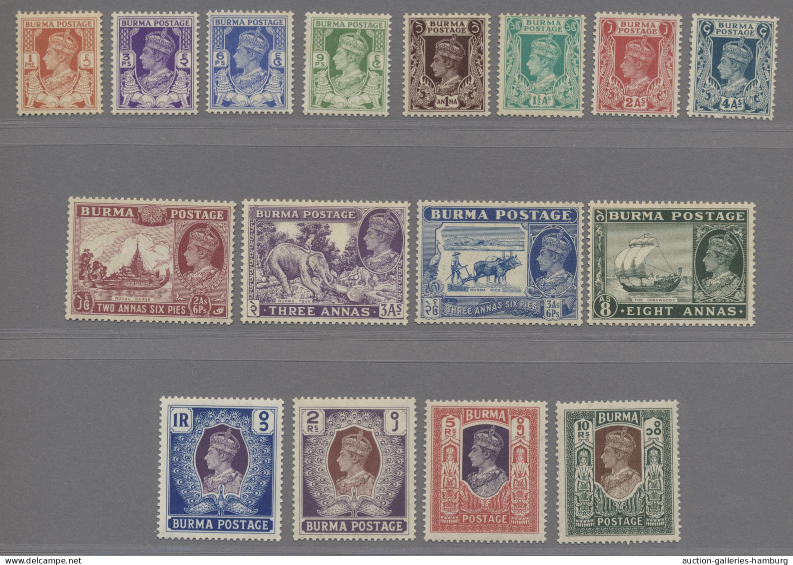 Birma / Burma / Myanmar: 1938, KG VI Definitives, Complete Set To 10 R. Unmounte - Myanmar (Burma 1948-...)