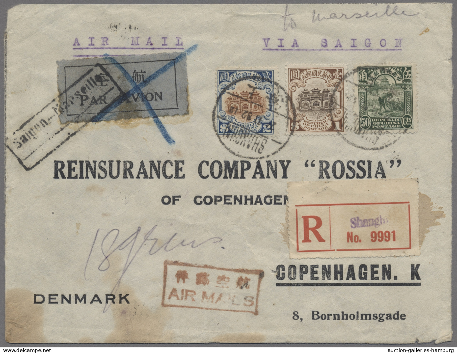 China: 1932, Registered Airmail Letter To Copenhagen, Denmark Bearing 1923-26 Ha - Brieven En Documenten