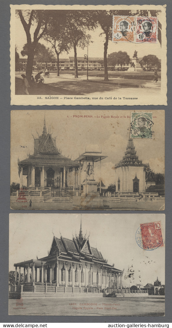 French Indochine: 1907-23, Sechs Gelaufene Ansichtskarten, U.a. Aus Kambodscha, - Other & Unclassified