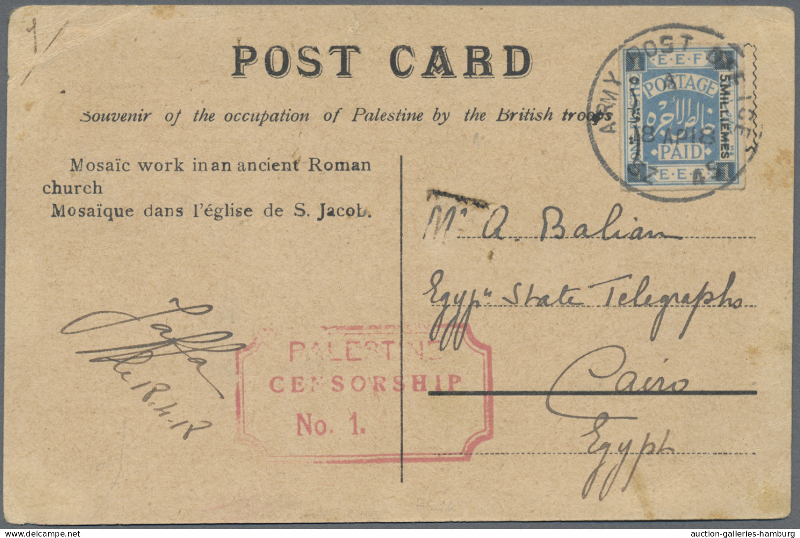 Palestine: 1918, 5m. On 1pi. Ultramarine On Ppc With C.d.s. "ARMY POST OFFICE SZ - Palestina