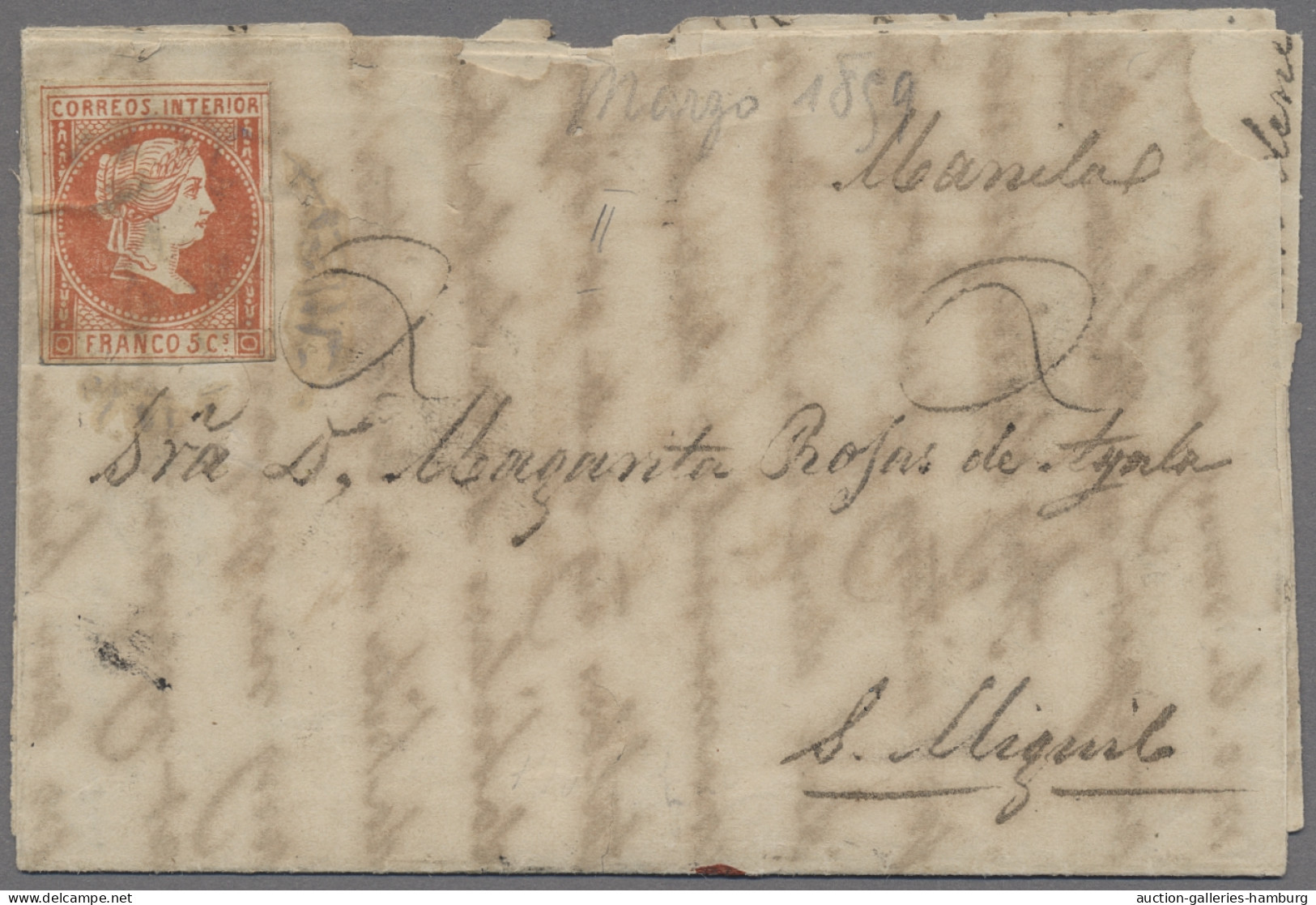 Philippines: 1859, Königin Isabella, 5 Cs. Ziegelrot, Dickes Papier, EF Auf Brie - Philippines