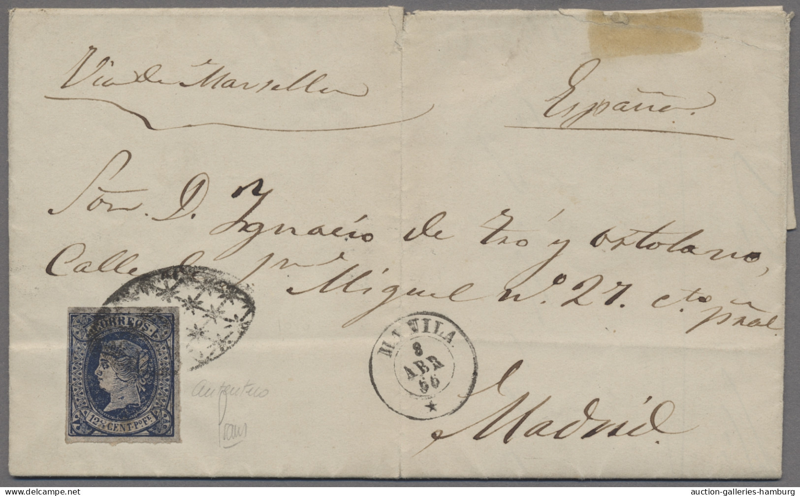 Philippines: 1866, Königin Isabella II., Kopf Nach Links, 12 4/8 Cts. Blau Auf R - Philippines