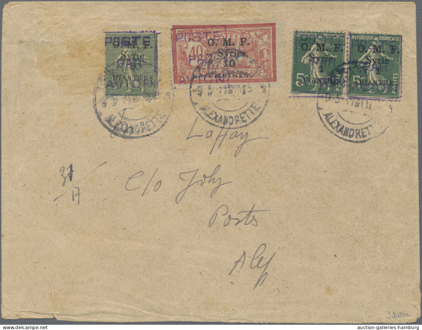 Syria: 1920, Airmail Handstamps, 1pi. On 5c. Green Vertical Pair, 5pi. On 15c. O - Syria