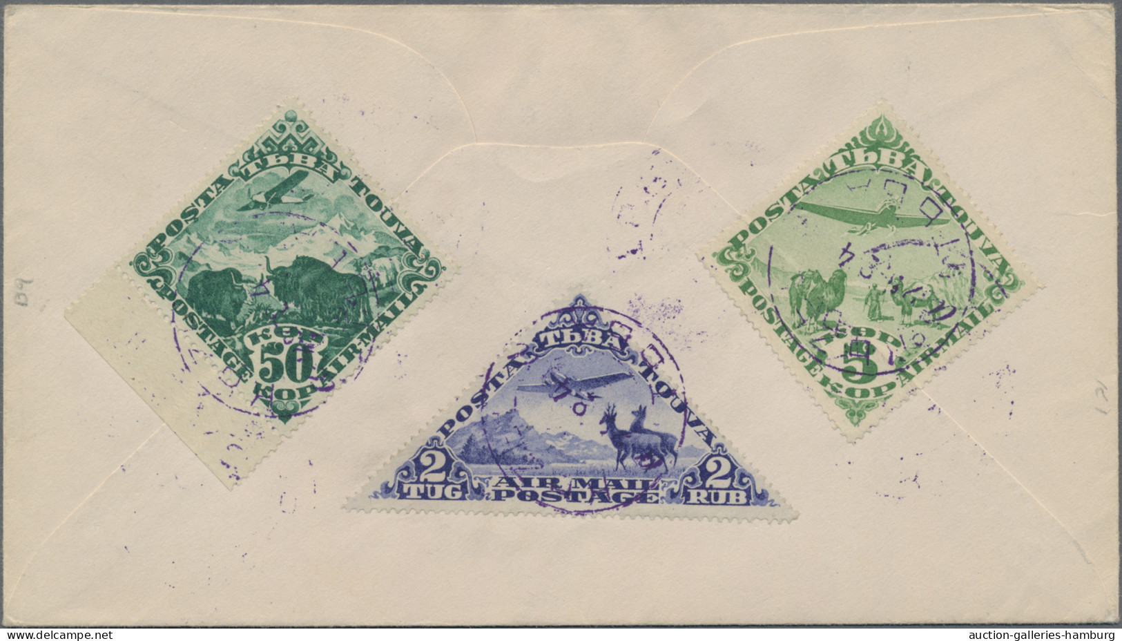Tuva: 1934 Air Set To 2t., Complete But 75k., Used On Front Resp. On Back Of Cov - Tuva