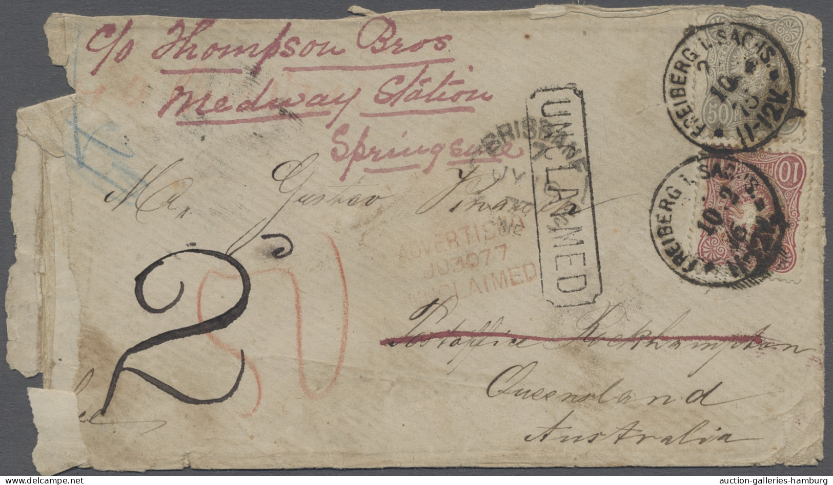 Queensland: 1876, Incoming Mail, Letter From Freiberg, Germany Bearing 10 Plus 5 - Covers & Documents