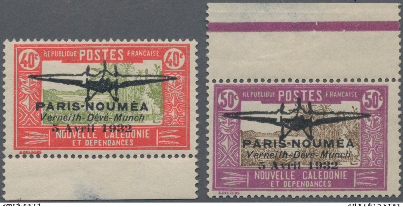 New Caledonia: 1932 New Caledonia "First Flight Paris-Nouméa" Air Stamps 40c And - Unused Stamps