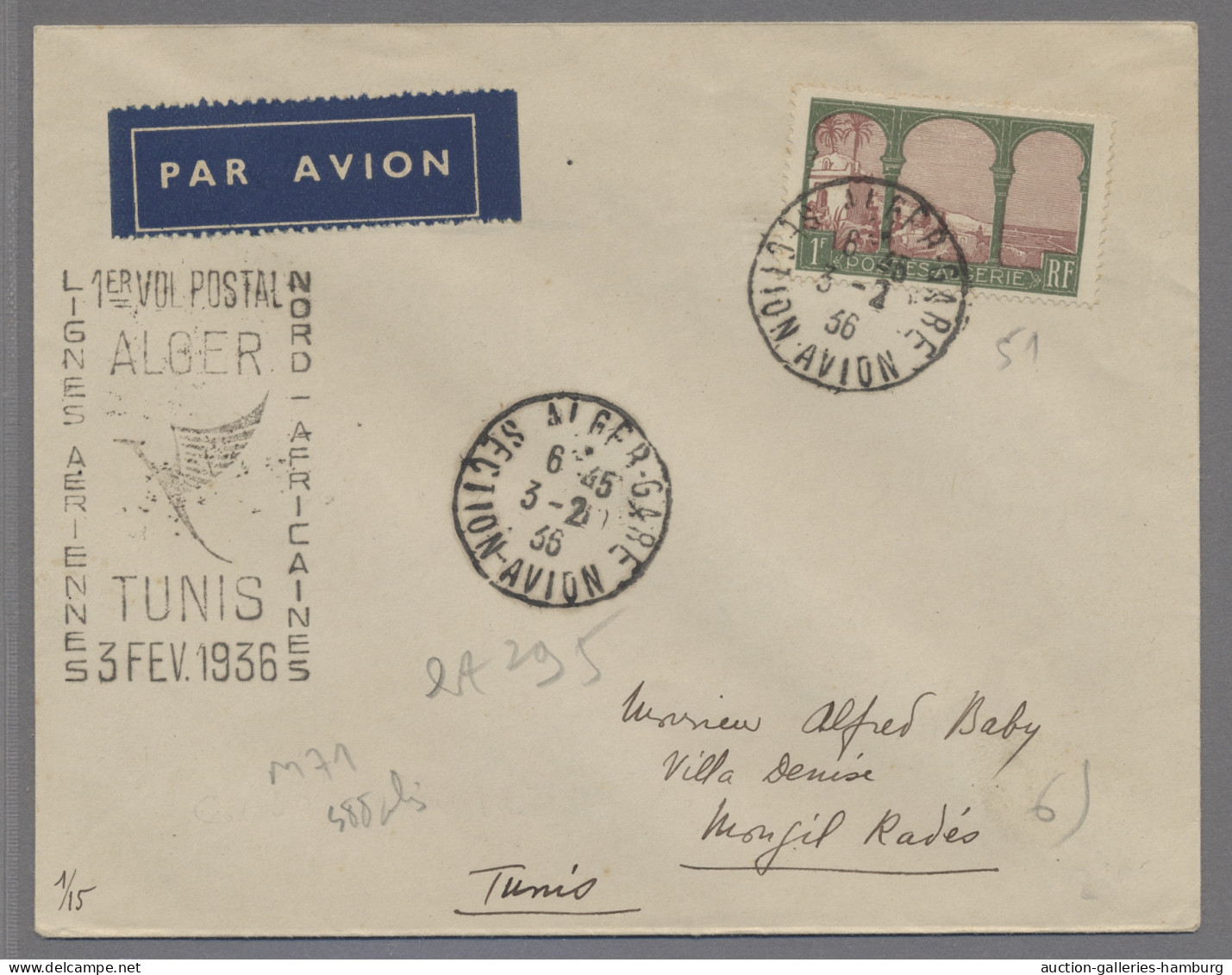 Algeria: 1936, 3.2., Erstflugbrief Algier-Tunis, Mit Entsprechendem Sonderstempe - Covers & Documents