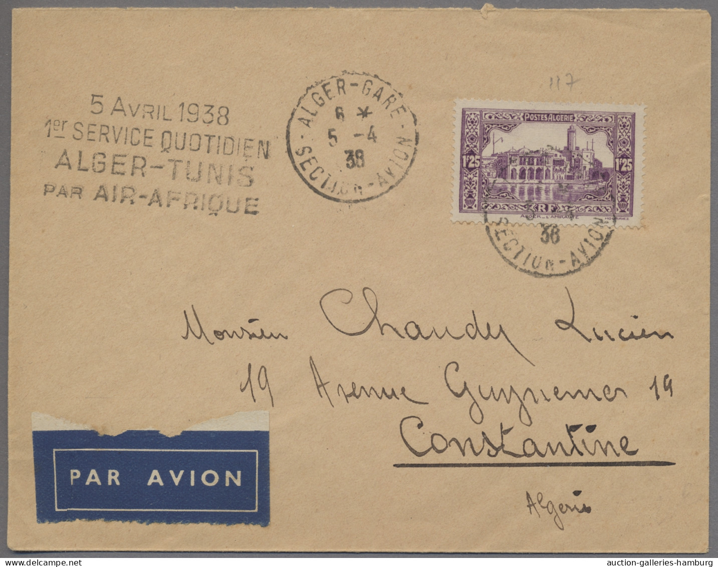 Algeria: 1938, 5.4., Erstflugbrief Algier-Tunis, Seltene Zwischenstation Bis Cas - Lettres & Documents