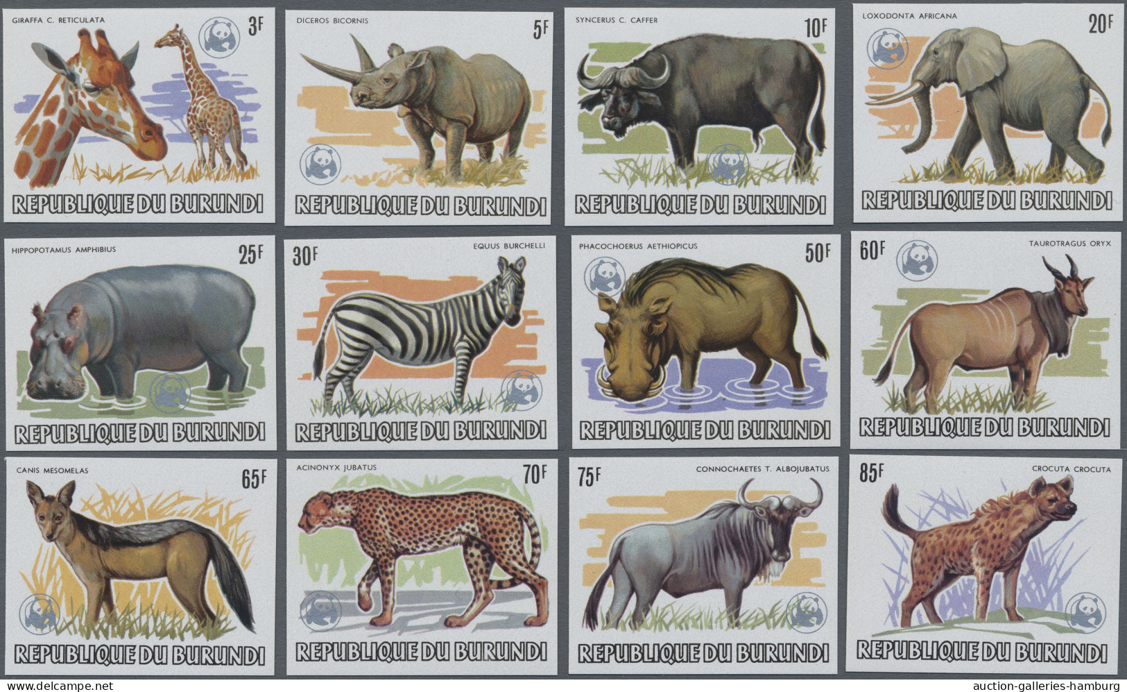 Burundi: 1982, African Wildlife/WWF 2fr.-85fr., IMPERFORATE, Complete Set Of 13, - Unused Stamps