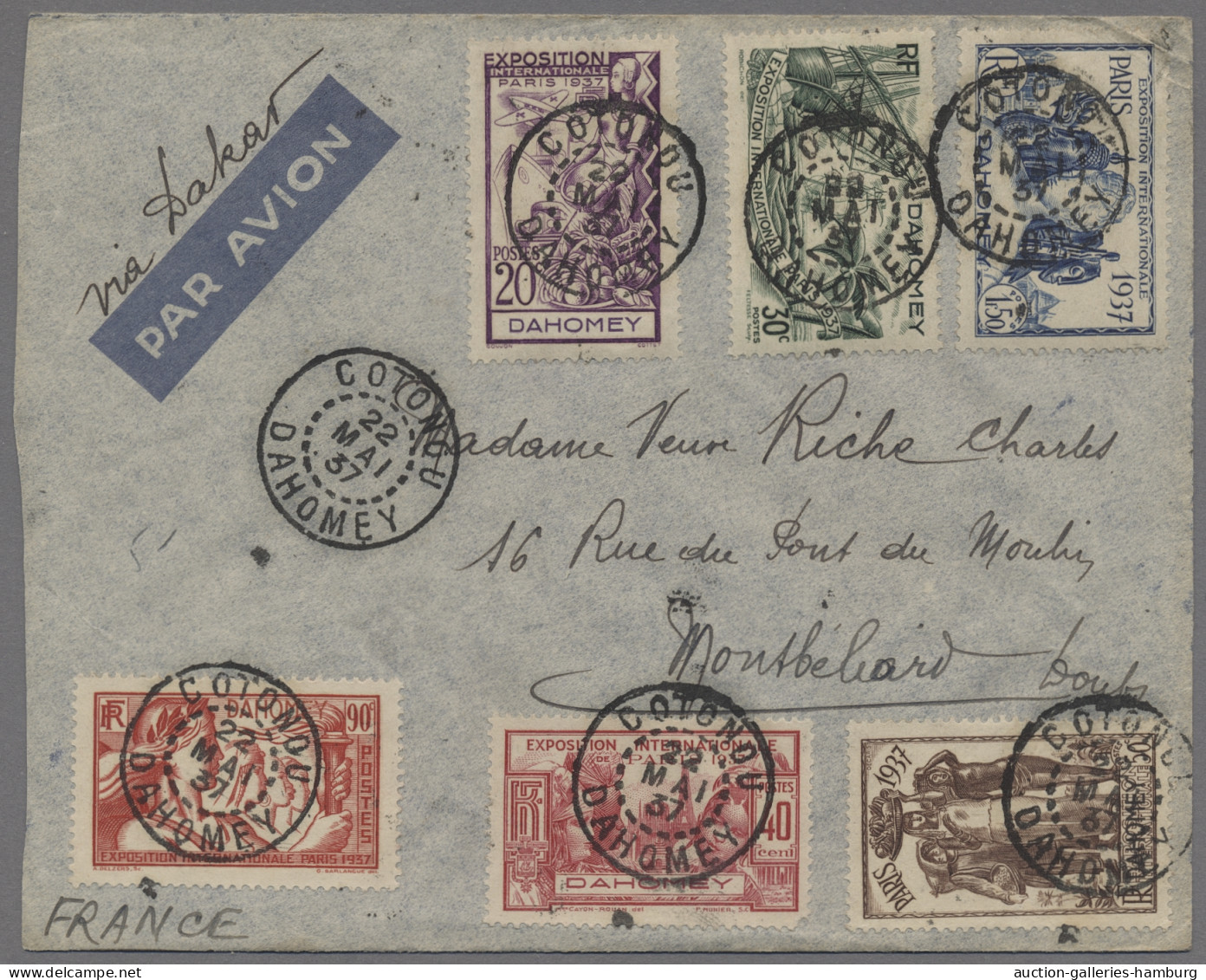 Dahomey: 1937, 22.5., Erstflugbrief Cotonou über Dakar Nach Frankreich, Mit Kpl. - Benin – Dahomey (1960-...)