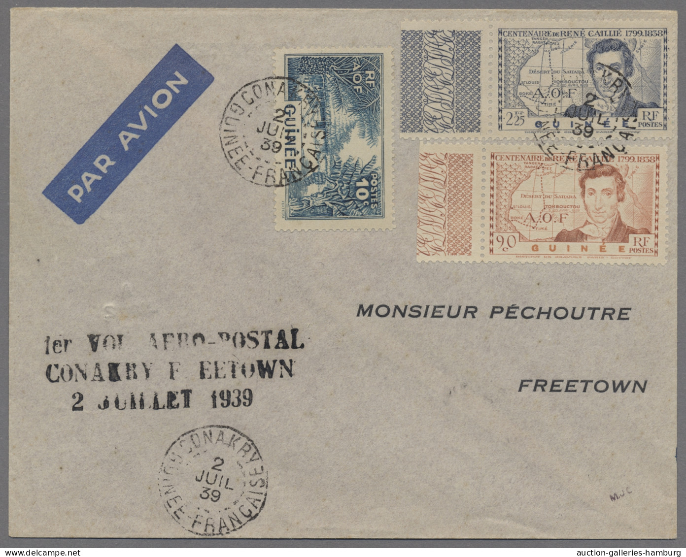 French Guinea: 1934, 2.6., Erstflugbrief Conakry-Freetown, Entsprech. Sonder-Cac - Other & Unclassified